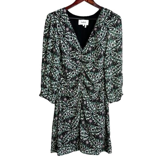 ba&sh Fanny Ruched Mini Dress Size Large Womens Green Paisley Retro V-neck - Picture 2 of 9